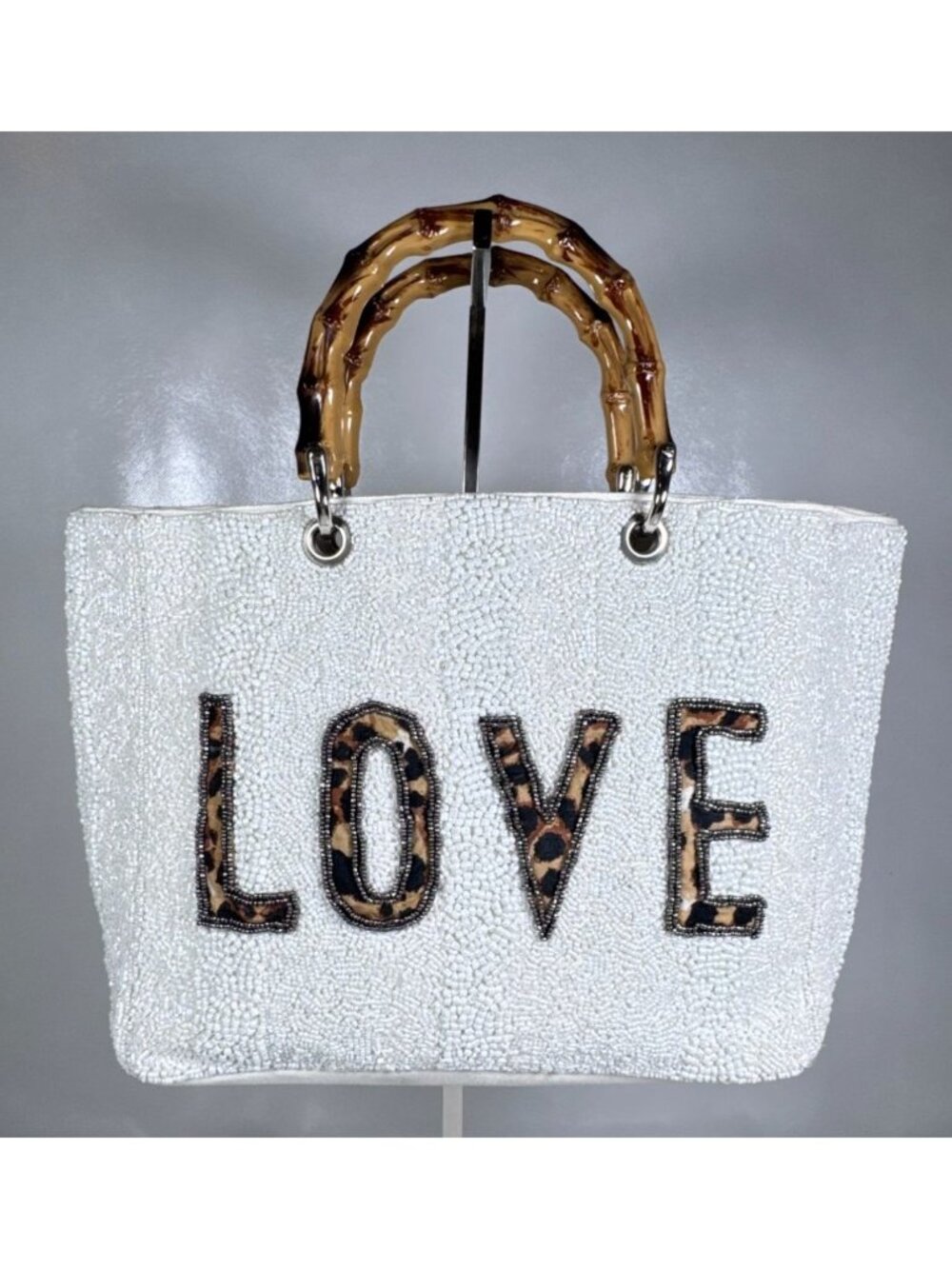 Beaded LOVE Cheetah Animal Print Satchel Bamboo Handle Tote Purse Bag